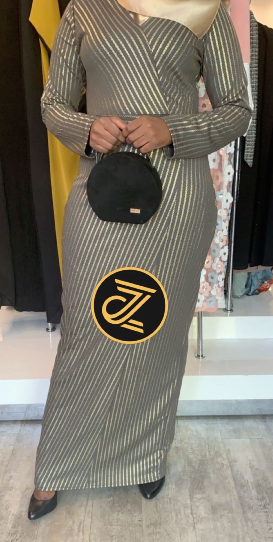 ZIZI Boutique Gold Links Evening Dress with Vertical Stripes and Long Sleeves for Elegant Occasions