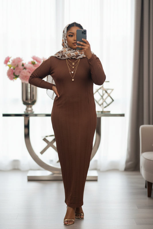 ZIZI Grace Thinstripe Maxi Dress in brown with a form-fitting design for a stylish look