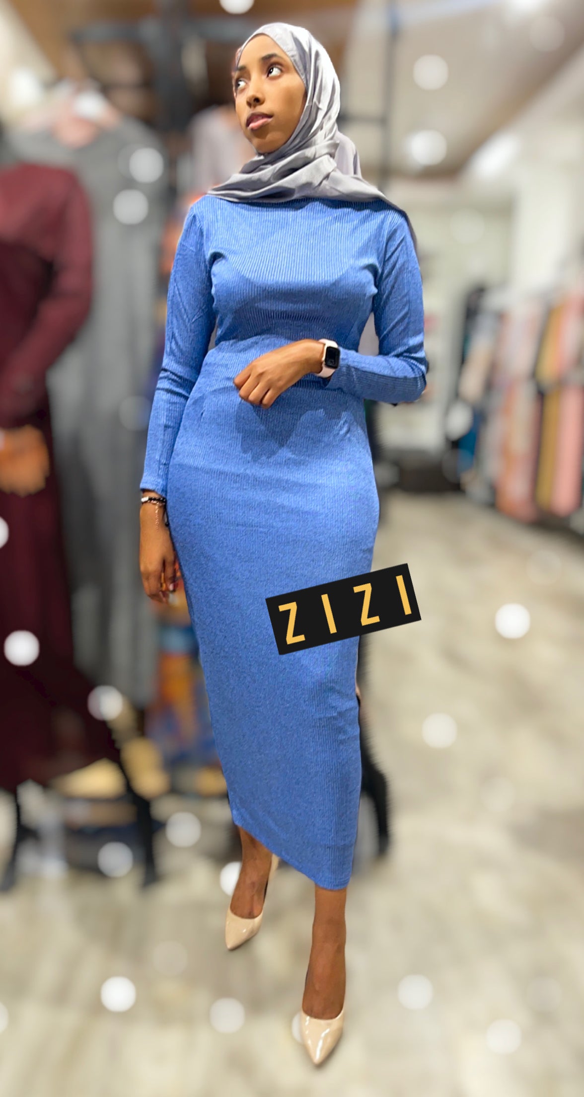ZIZI Grace Thinstripe Maxi Dress in Blue with Long Sleeves and Elegant Fit