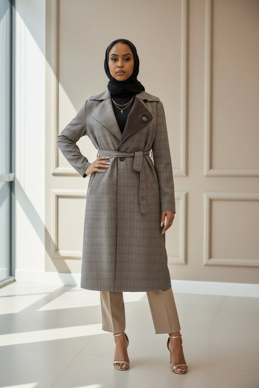 Gray Pattern Trench Coat for Modest Fashion Lovers - ZIZI Boutique