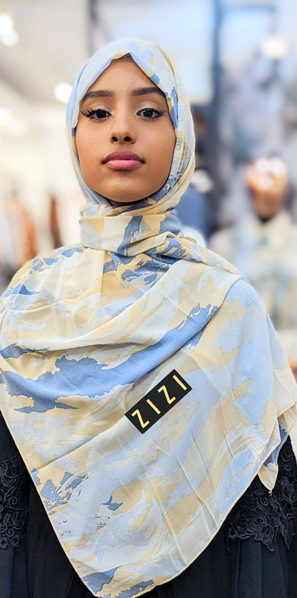 Chiffon Print Hijab - Blue/ Cream Yellow Streaks - ZIZI Boutique