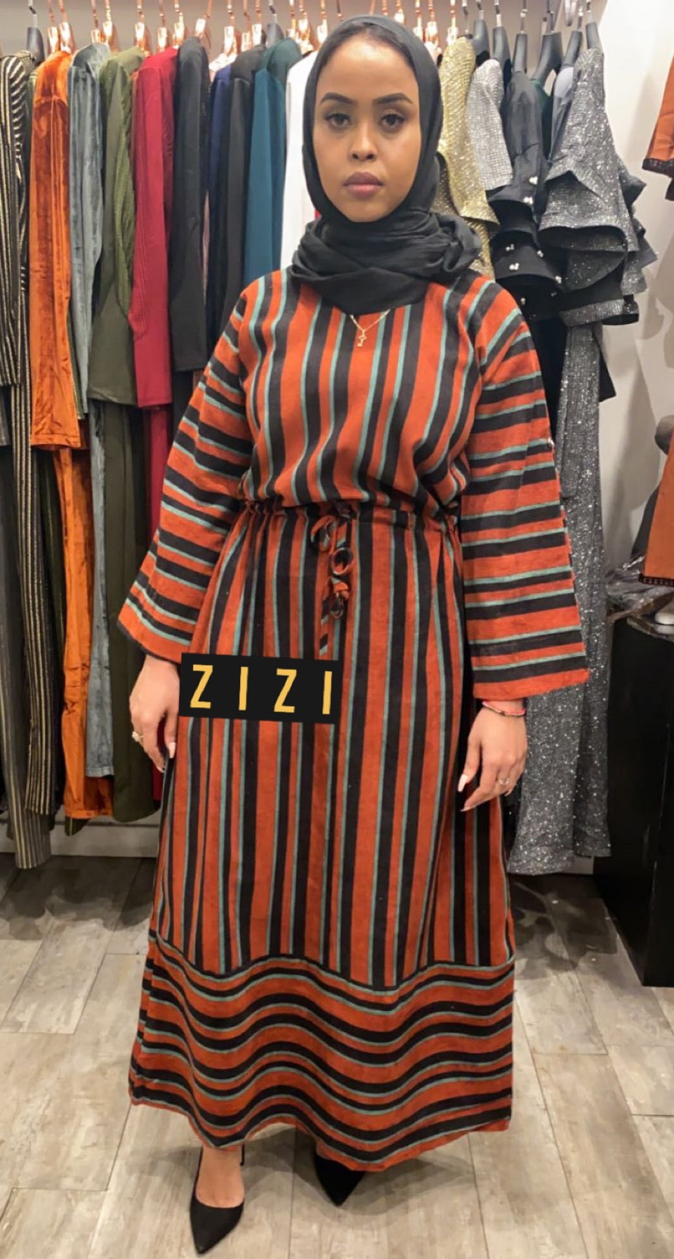 Orange/Green/Black Thinstripe Winter Dress - ZIZI 