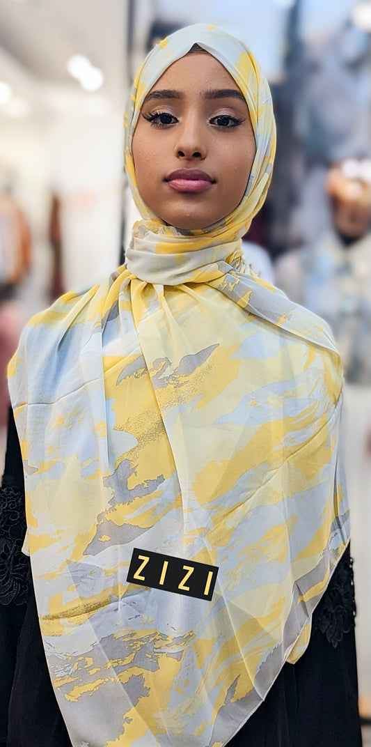 Chiffon Print Hijab - Yellow / Grey Streaks - ZIZI Boutique