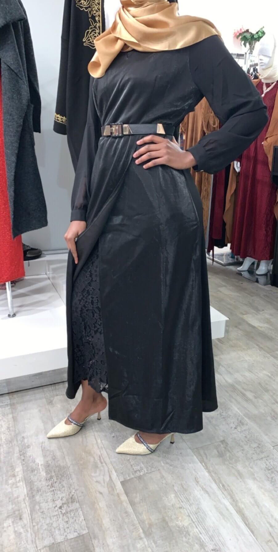 Aisha Lace Evening Dress in black color available at ZIZI Boutique
