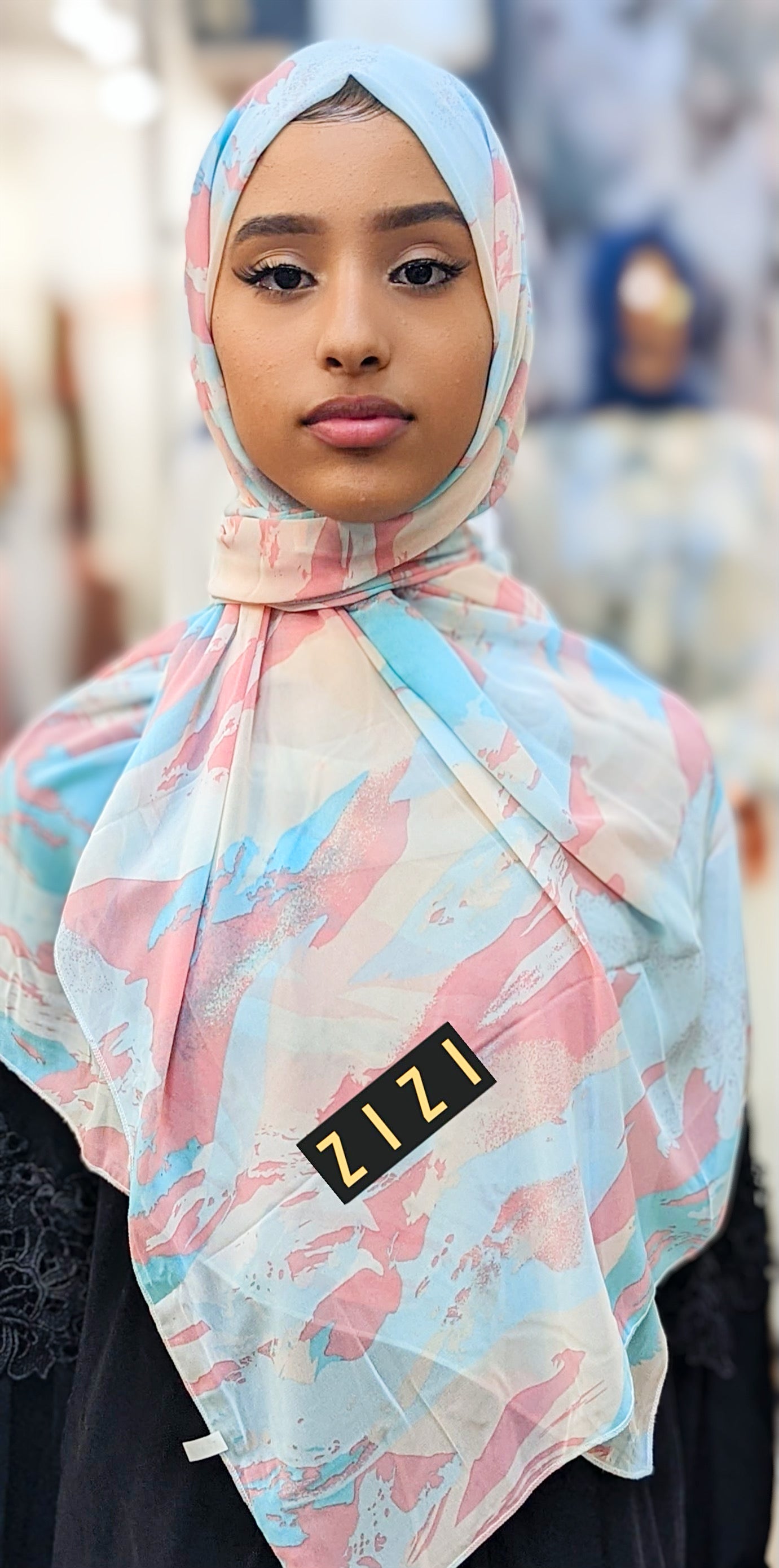 Chiffon Print Hijab - Cyan / Pink Streaks - ZIZI Boutique