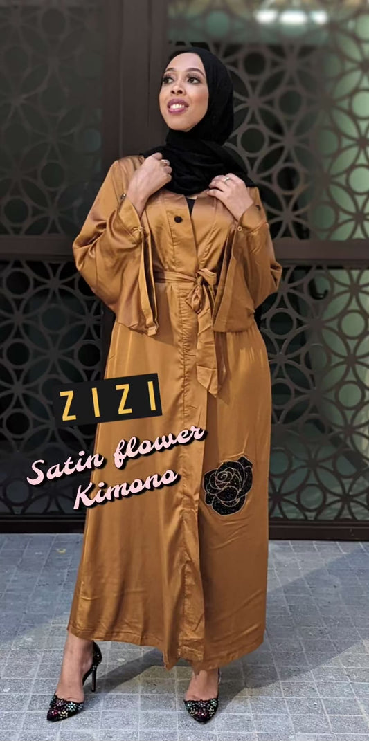 ZZ Satin Flower Kimono - Caramel - ZIZI Boutique