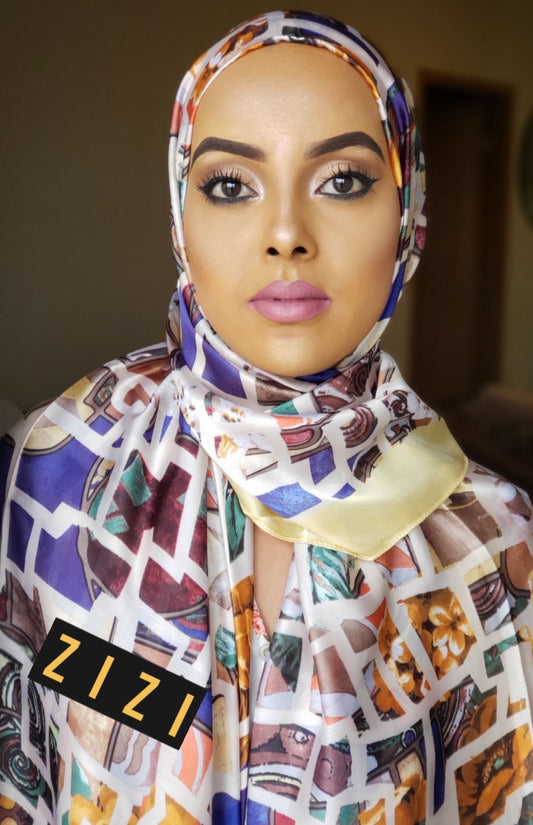 Silk Print Hijab - Yellow Multicolor Box Print - ZIZI Boutique