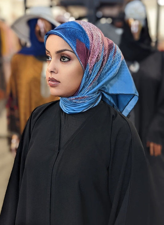 Small Square Silk Print Hijab - Light Blue/Plum/Royal Blue - ZIZI Boutique
