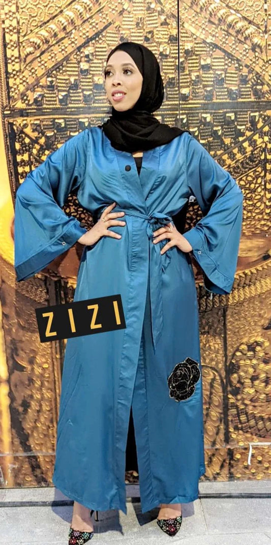 ZZ Satin Flower Kimono - Turquoise - ZIZI Boutique