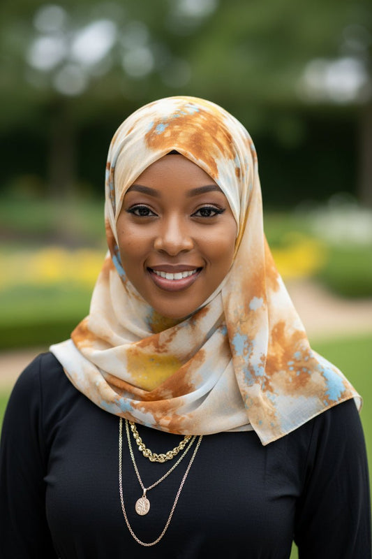 Ink Blot Chiffon Print Hijab — Caramel Yellow & Light Blue - ZIZI Boutique