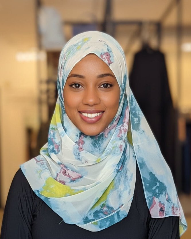 Ink Blot Chiffon Print Hijab — Turquoise, Lime & Plum - ZIZI Boutique