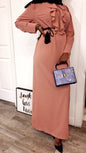 Elegant Intizar Ruffle Maxi Dress in Blush with a Flowy Design and Matching Handbag