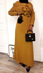 Elegant Intizar Ruffle Maxi Dress in mustard yellow with stylish ruffle detailing and matching handbag