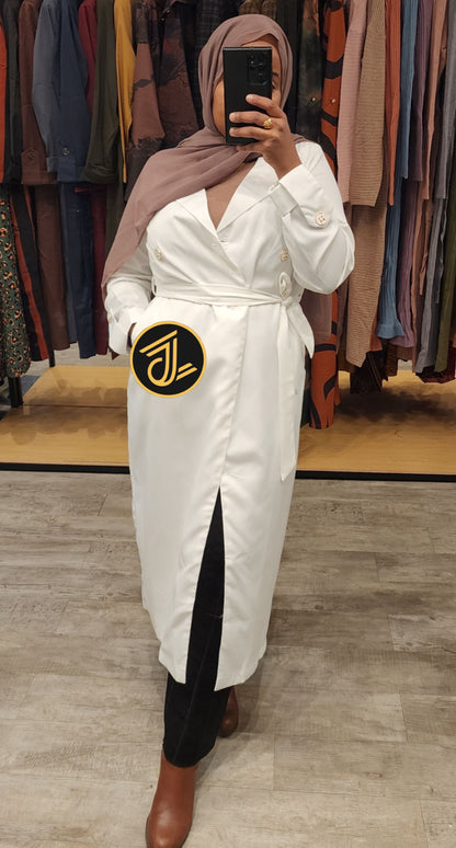 ZIZI Women's Essential Everyday Modest Maxi Blazer in white with a stylish tie waist and side slit