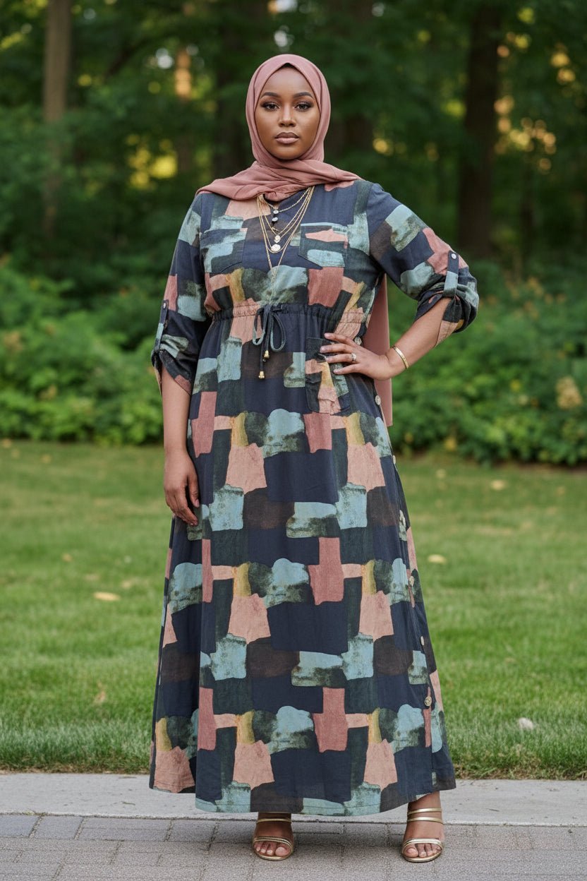 Linen Blocks Drawstring Maxi Dress - ZIZI Boutique