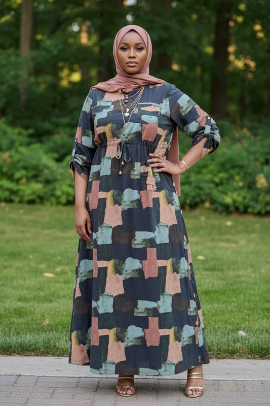 Linen Blocks Drawstring Maxi Dress - ZIZI Boutique