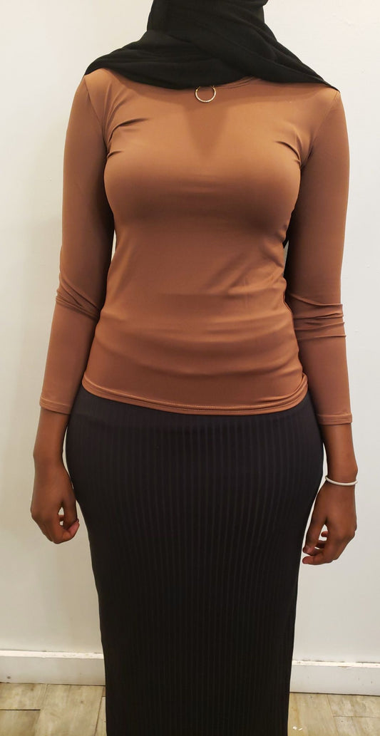 ZIZI long sleeve plain top brown dress shirt fitted style worn with black skirt