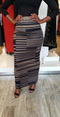 Multi Stripe Maxi Skirt in black and gray with horizontal and vertical stripes worn with black top