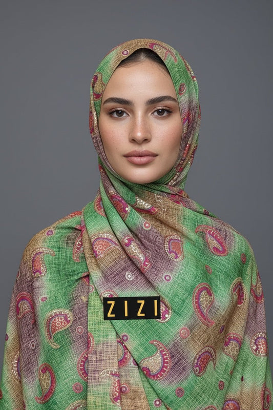 Paisley Print Hijab — Grass Green & Lavender - ZIZI Boutique