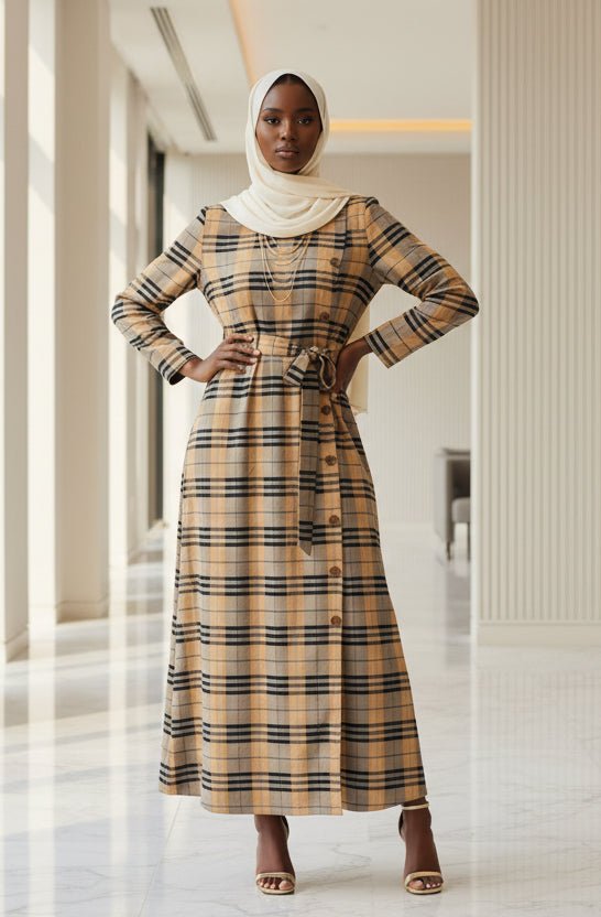 Plaid Buttoned Winter Maxi Dress — Yellow Navy - ZIZI Boutique
