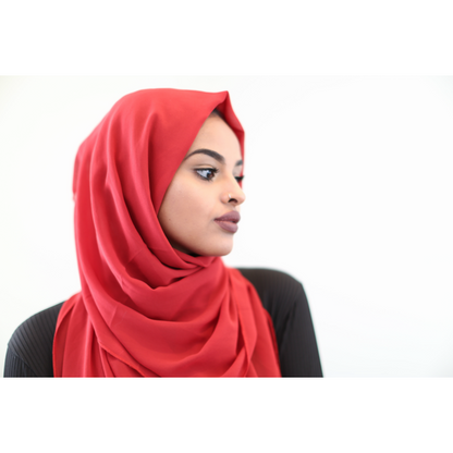 ZIZI premium chiffon hijab online in vibrant red worn by woman with black top