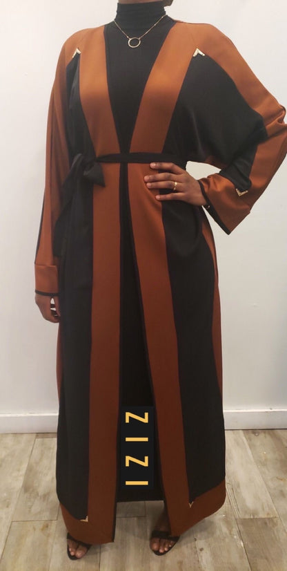 Elegant Qalanjo Design Abaya Eid Collection in black and brown with stylish tie belt and gold accents