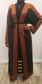 Elegant Qalanjo Design Abaya Eid Collection in black and brown with stylish tie belt and gold accents