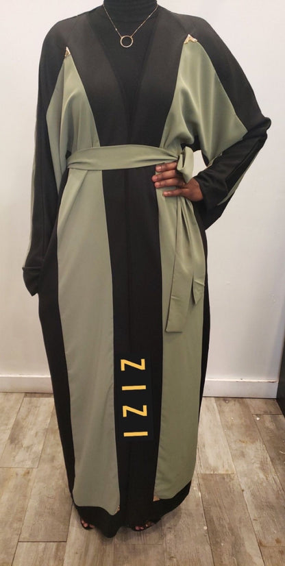 Elegant Qalanjo Design Abaya Eid Collection in green and black with a stylish belt from ZIZI Boutique