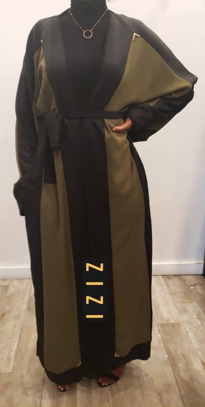 ZIZI Boutique Qalanjo Design Abaya Eid Collection in black and olive green with a stylish wrap silhouette