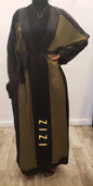 ZIZI Boutique Qalanjo Design Abaya Eid Collection in black and olive green with a stylish wrap silhouette
