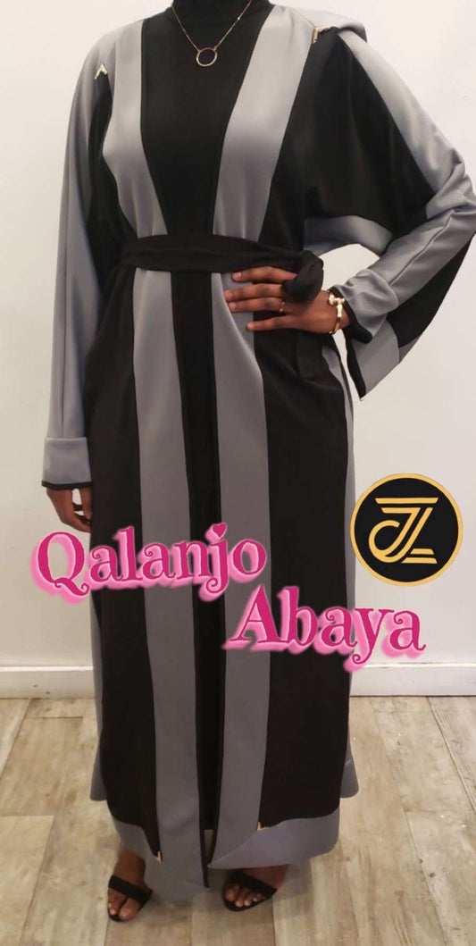 Elegant Qalanjo Design Abaya Eid Collection in black and gray stripes with stylish details