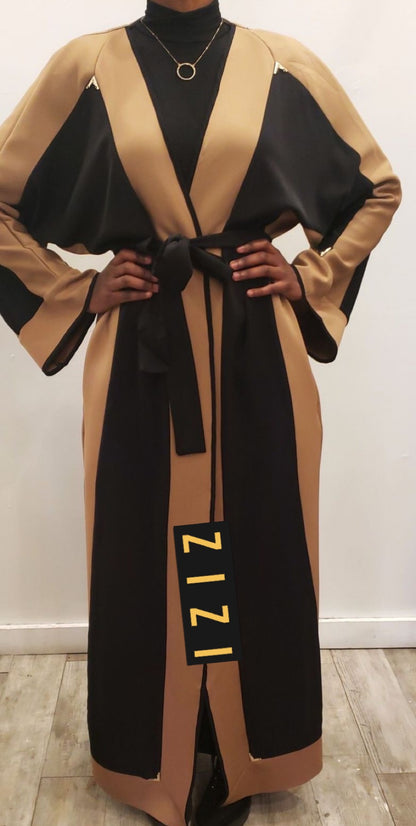 Stylish Qalanjo Design Abaya Eid Collection in black and beige with a tied waist and elegant sleeves