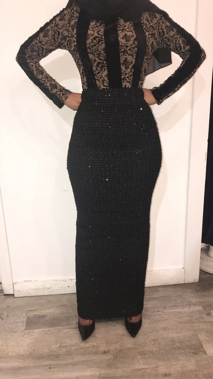 Black Sequin Evening Women's Maxi Skirt paired with a lace long-sleeve top and black heels