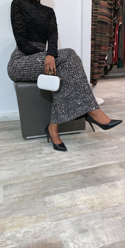 Grey Silver Sequin Evening Women's Maxi Skirt styled with black top and heels