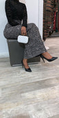 Grey Silver Sequin Evening Women's Maxi Skirt styled with black top and heels