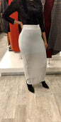 ZIZI Boutique Shimmery High Waisted Maxi Skirt in silver with elegant fit for stylish occasions