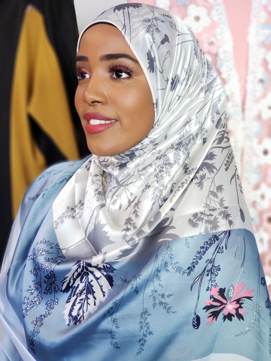 Silk Print Hijab — Powder Blue, Grey & Pink Flowers - ZIZI Boutique