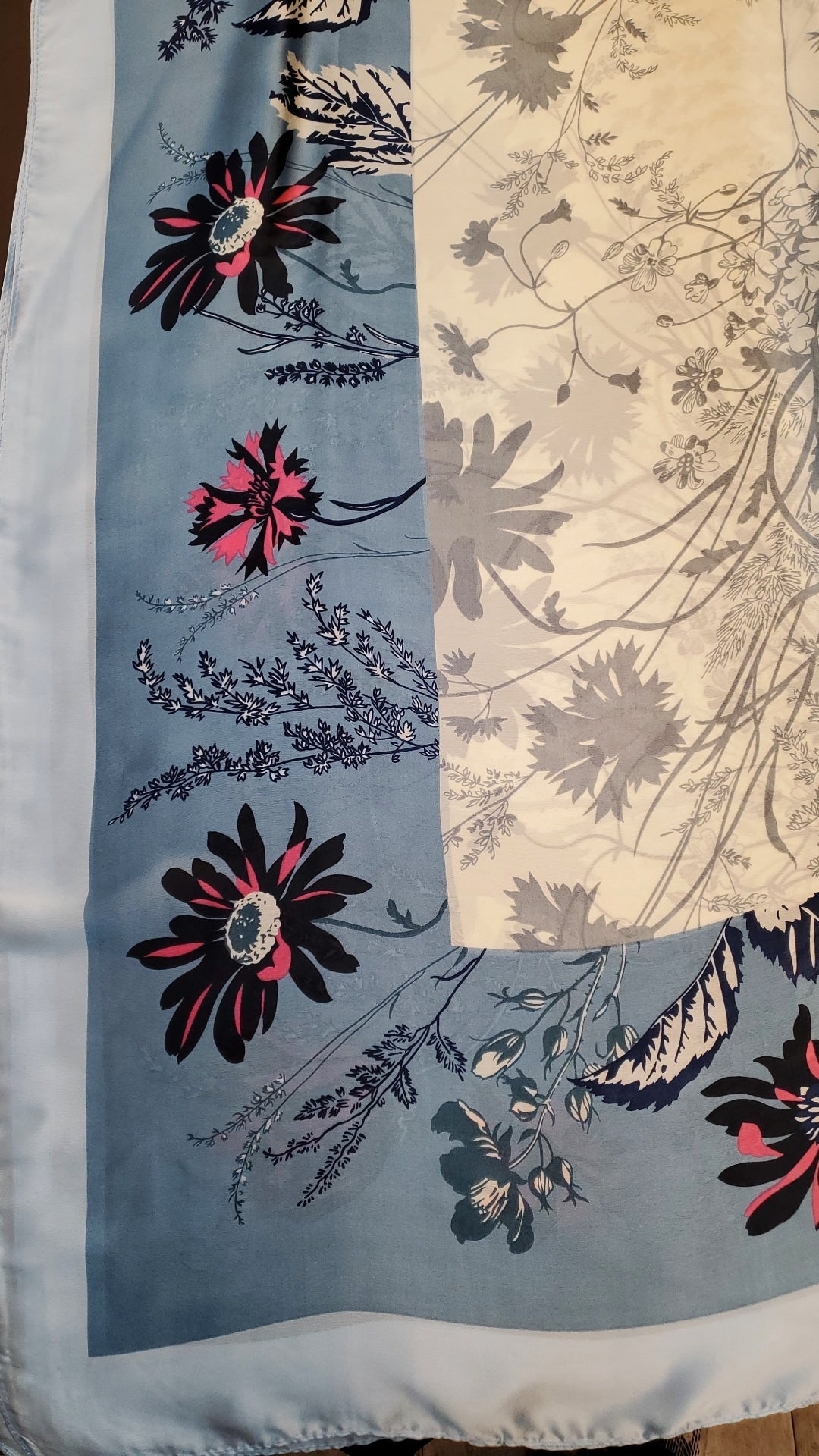 Silk Print Hijab — Powder Blue, Grey & Pink Flowers - ZIZI Boutique