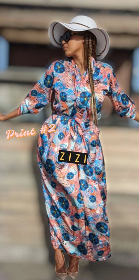 ZIZI Silk Satin Modest Maxi Print Dress in vibrant colors with tie waist and long sleeves