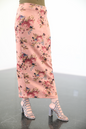 ZIZI Suede Winter Print Maxi Skirt in pink with floral design worn with gray heeled sandals