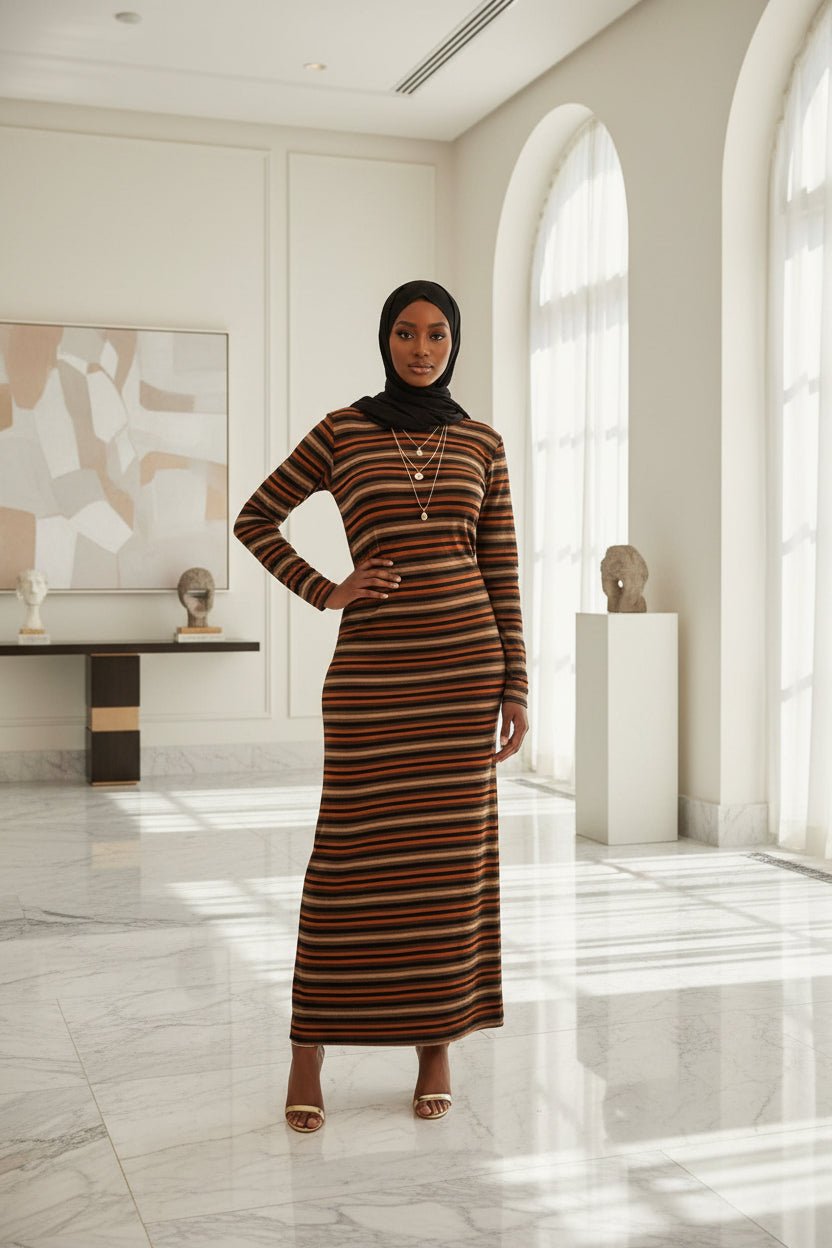 Tan Brown Orange Stripe Winter Maxi Dress - ZIZI Boutique
