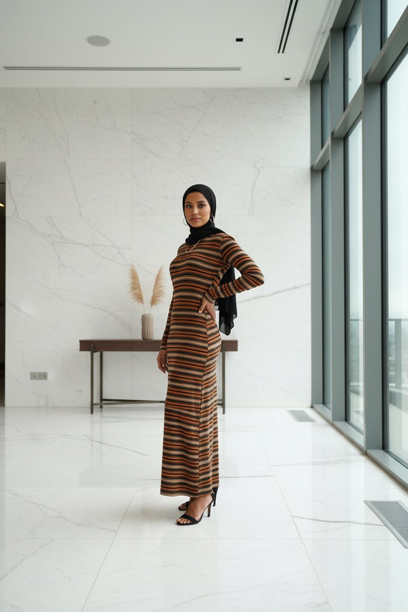 Tan Brown Orange Stripe Winter Maxi Dress - ZIZI Boutique