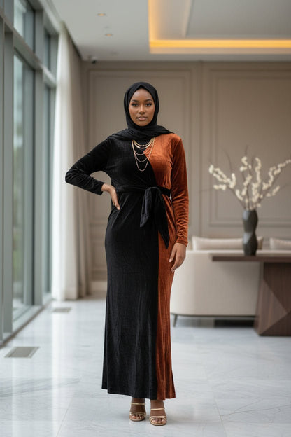 Two Tone Colorblock Velvet Evening Dress - ZIZI Boutique