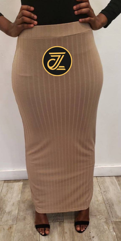 Wide Pinstripe Women's Maxi Skirt in beige worn with black top and sandals by ZIZI Boutique