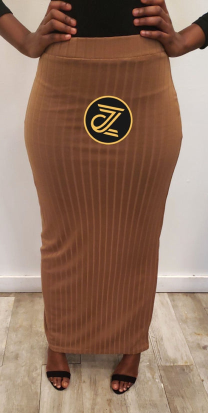 Wide Pinstripe Women's Maxi Skirt in brown worn with black top and open-toe heels