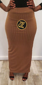 Wide Pinstripe Women's Maxi Skirt in brown worn with black top and open-toe heels