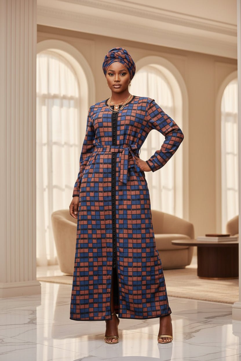 Winter Button Dress — Blue Brown Box Print - ZIZI Boutique