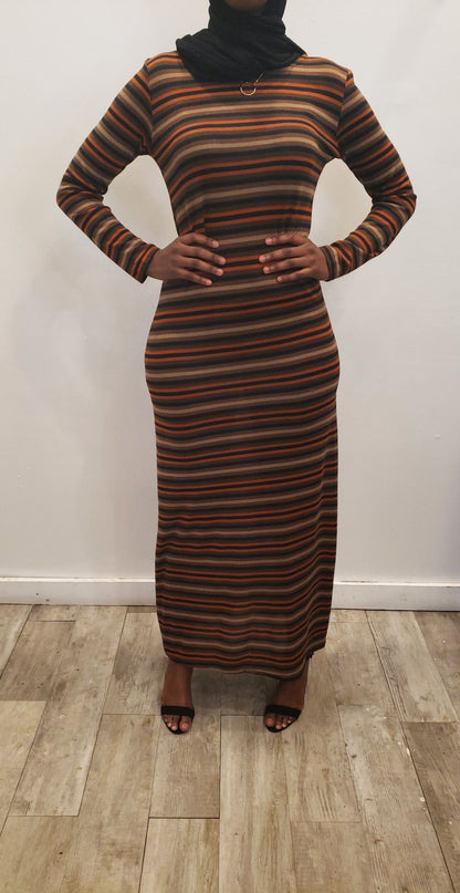 ZIZI Winter Maxi Dress Tan Brown & Orange Stripes with long sleeves and pocket design