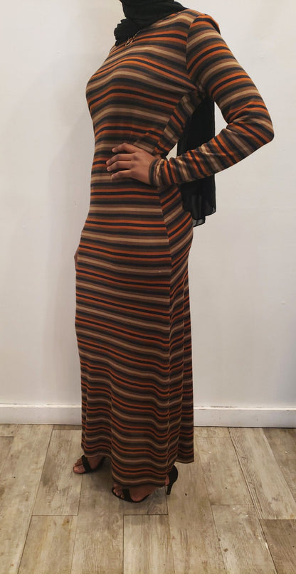 ZIZI Winter Maxi Dress Tan Brown & Orange Stripes with long sleeves and fitted silhouette