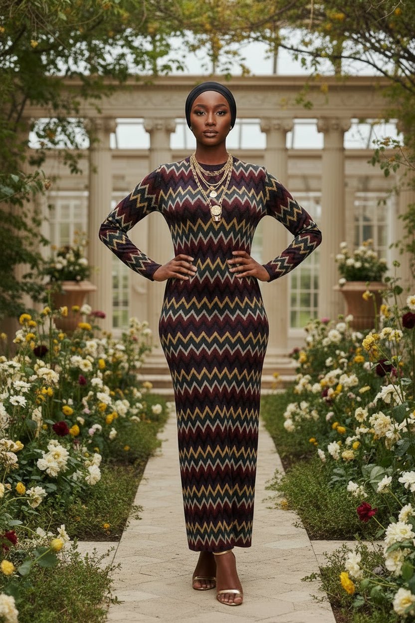 ZigZag Bold Print Winter Maxi Dress with Pockets - ZIZI Boutique